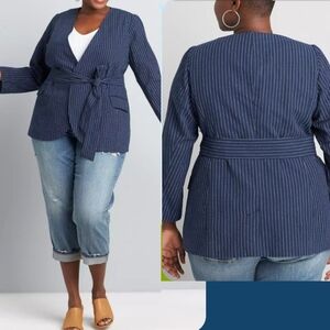 Lane Bryant Size 16 Blue White Pinstripe Blazer Jacket Belted Linen Blend NWT